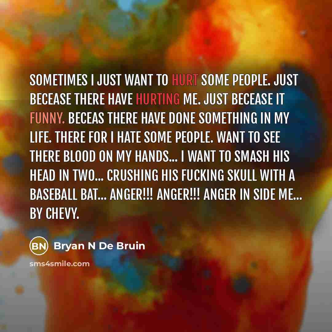 “Sometimes I just want to hurt some people. Just becease there have hurting me. Just becease it funny. Beceas there have done something in my life. There for I hate some people. Want to see there blood on my hands... I want to smash his head in two... Crushing his fucking skull with a baseball…” quote by Bryan N De Bruin