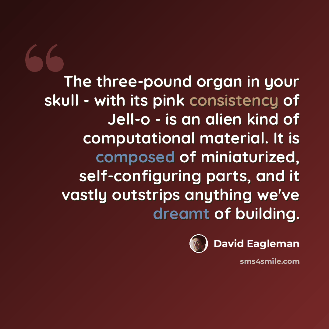 “The three-pound organ in your skull - with its pink consistency of Jell-o - is an alien kind of computational material. It is composed of miniaturized, self-configuring parts, and it vastly outstrips anything we've dreamt of building.” quote by David Eagleman