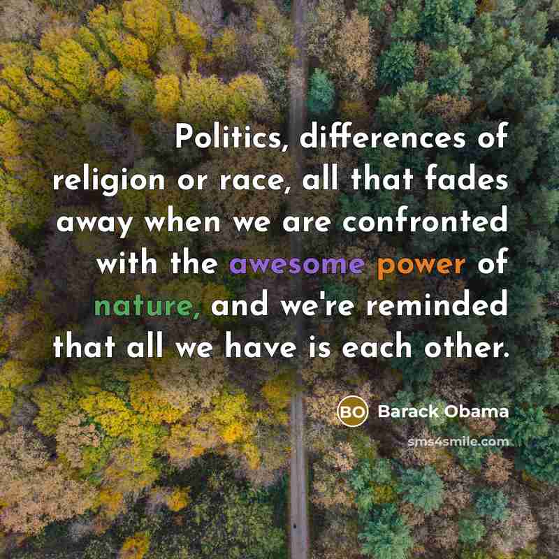 “Politics, differences of religion or race, all that fades away when we are confronted with the awesome power of nature, and we're reminded that all we have is each other.” quote by Barack Obama