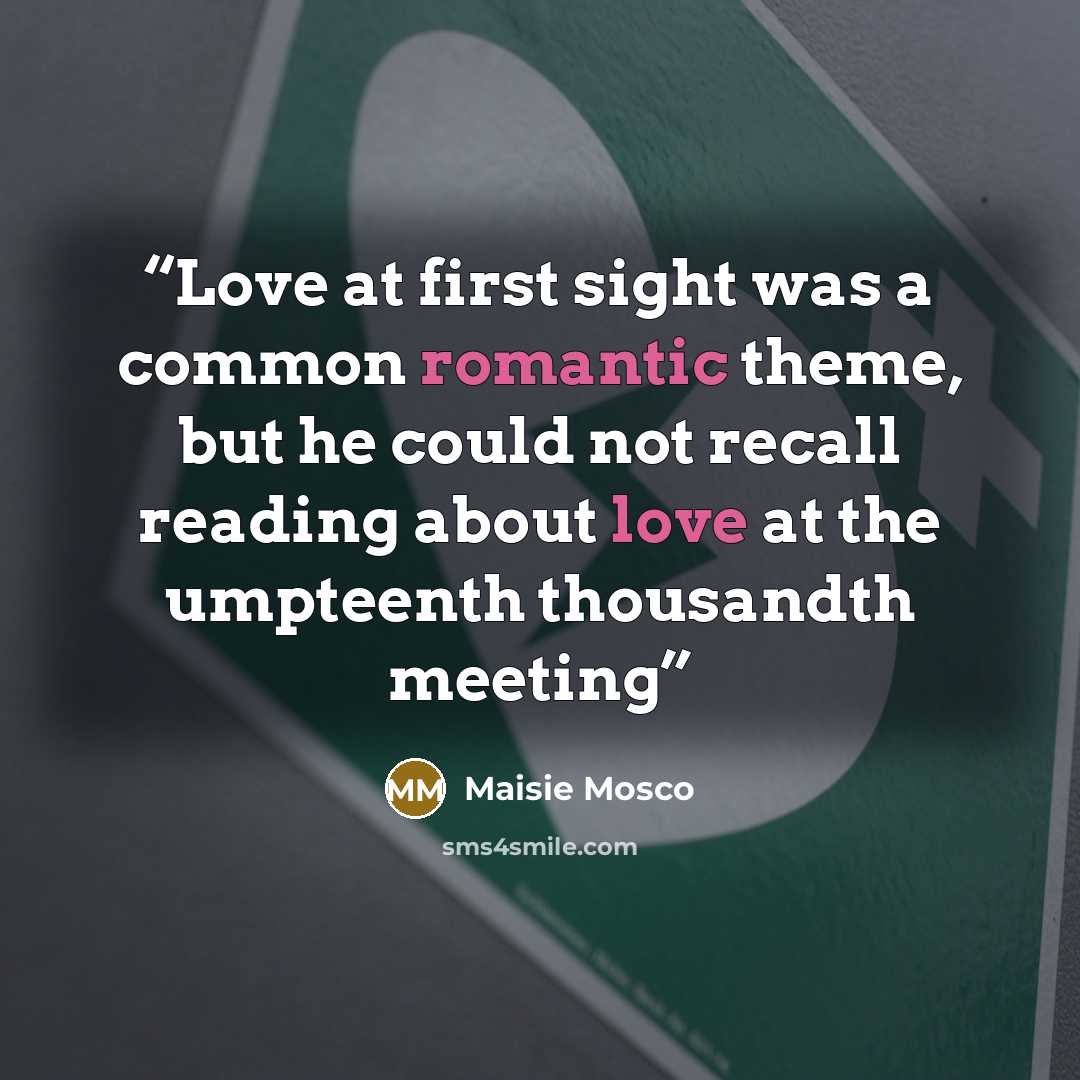 “Love at first sight was a common romantic theme, but he could not recall reading about love at the umpteenth thousandth meeting” quote by Maisie Mosco