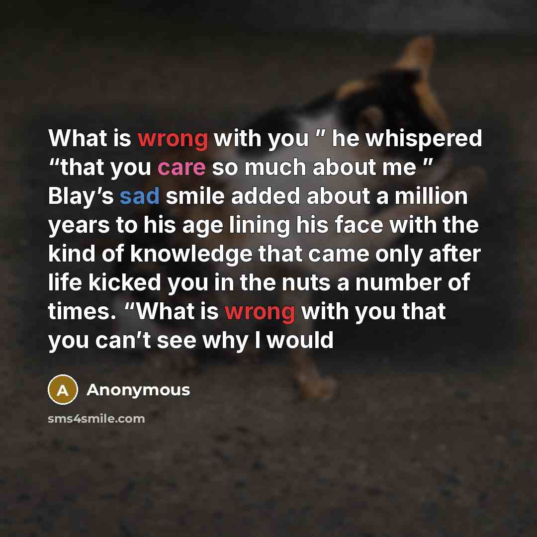 “What is wrong with you ” he whispered “that you care so much about me ” Blay’s sad smile added about a million years to his age lining his face with the kind of knowledge that came only after life kicked you in the nuts a number of times. “What is wrong with you that you can’t see why I would” quote by Anonymous
