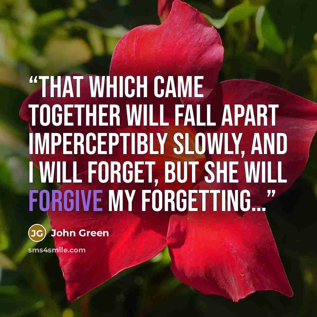 “That which came together will fall apart imperceptibly slowly, and I will forget, but she will forgive my forgetting…” quote by John Green