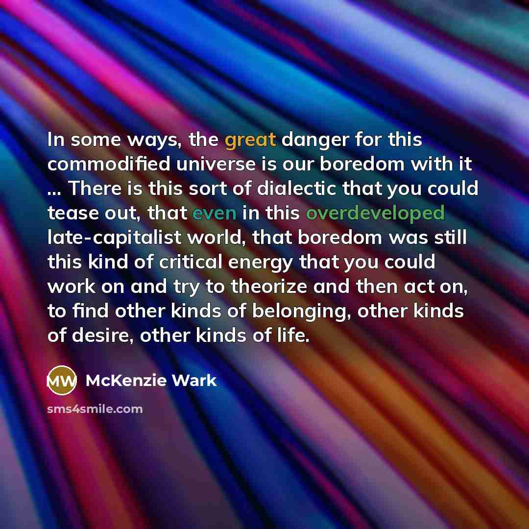 “In some ways, the great danger for this commodified universe is our boredom with it ... There is this sort of dialectic that you could tease out, that even in this overdeveloped late-capitalist world, that boredom was still this kind of critical energy that you could work on and try to theorize…” quote by McKenzie Wark