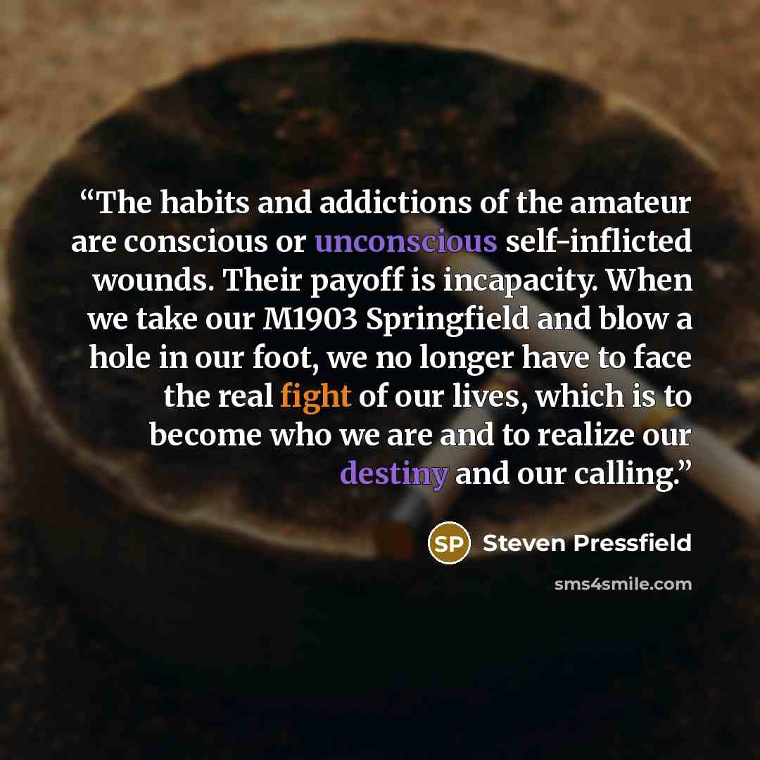 “The habits and addictions of the amateur are conscious or unconscious self-inflicted wounds. Their payoff is incapacity. When we take our M1903 Springfield and blow a hole in our foot, we no longer have to face the real fight of our lives, which is to become who we are and to realize our destiny…” quote by Steven Pressfield