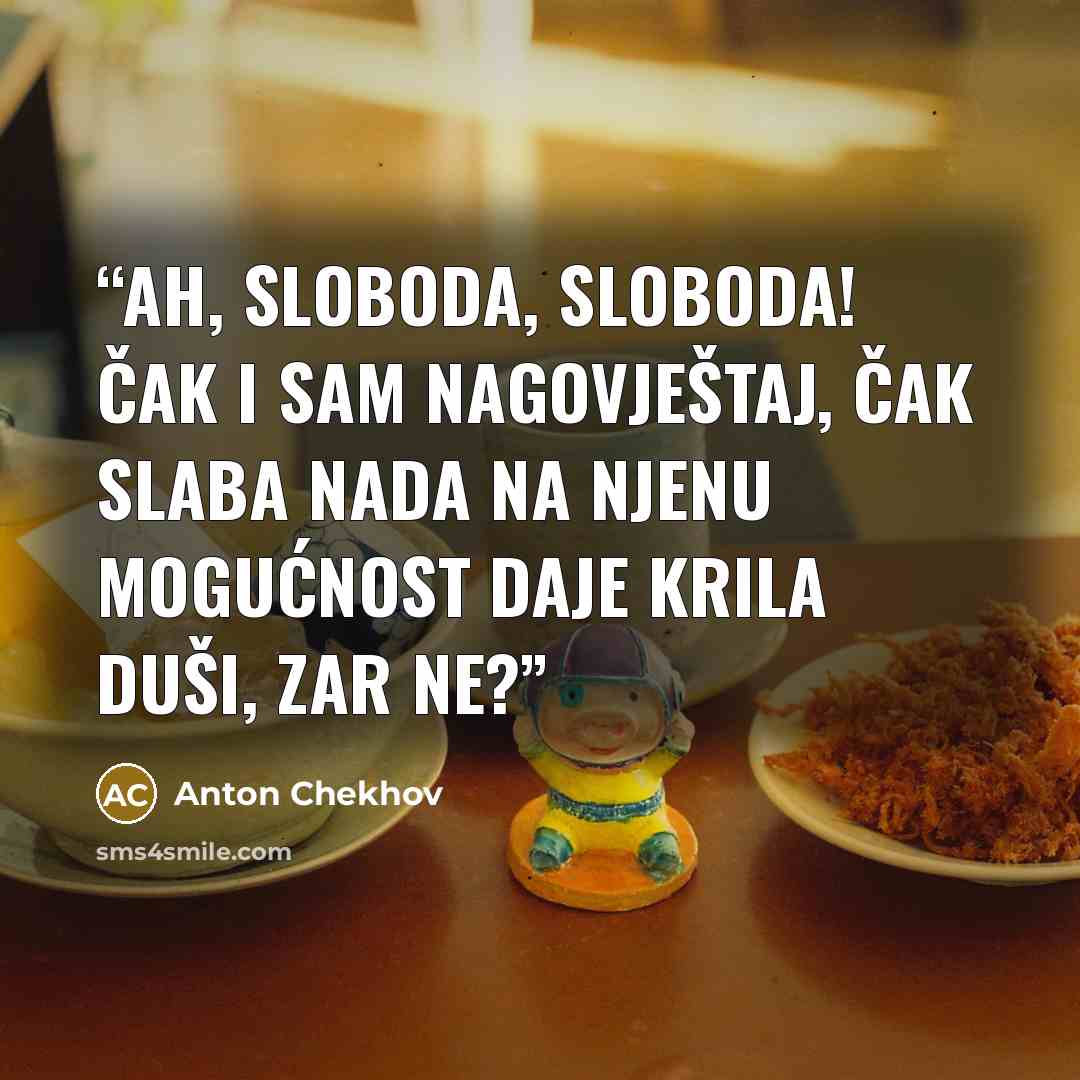 “Ah, sloboda, sloboda! Čak i sam nagovještaj, čak slaba nada na njenu mogućnost daje krila duši, zar ne?” quote by Anton Chekhov