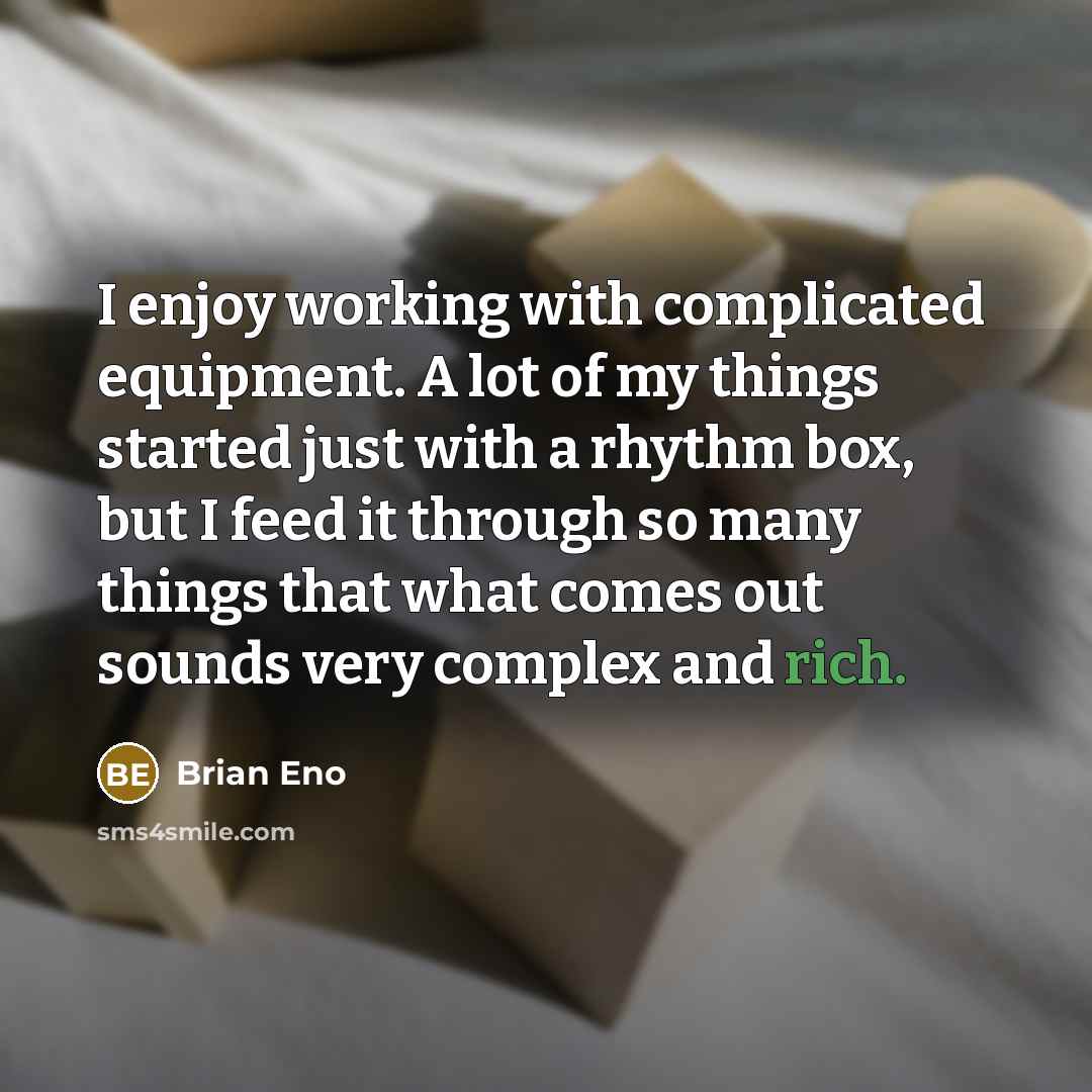 “I enjoy working with complicated equipment. A lot of my things started just with a rhythm box, but I feed it through so many things that what comes out sounds very complex and rich.” quote by Brian Eno