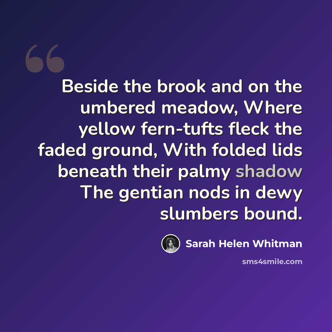 “Beside the brook and on the umbered meadow, Where yellow fern-tufts fleck the faded ground, With folded lids beneath their palmy shadow The gentian nods in dewy slumbers bound.” quote by Sarah Helen Whitman