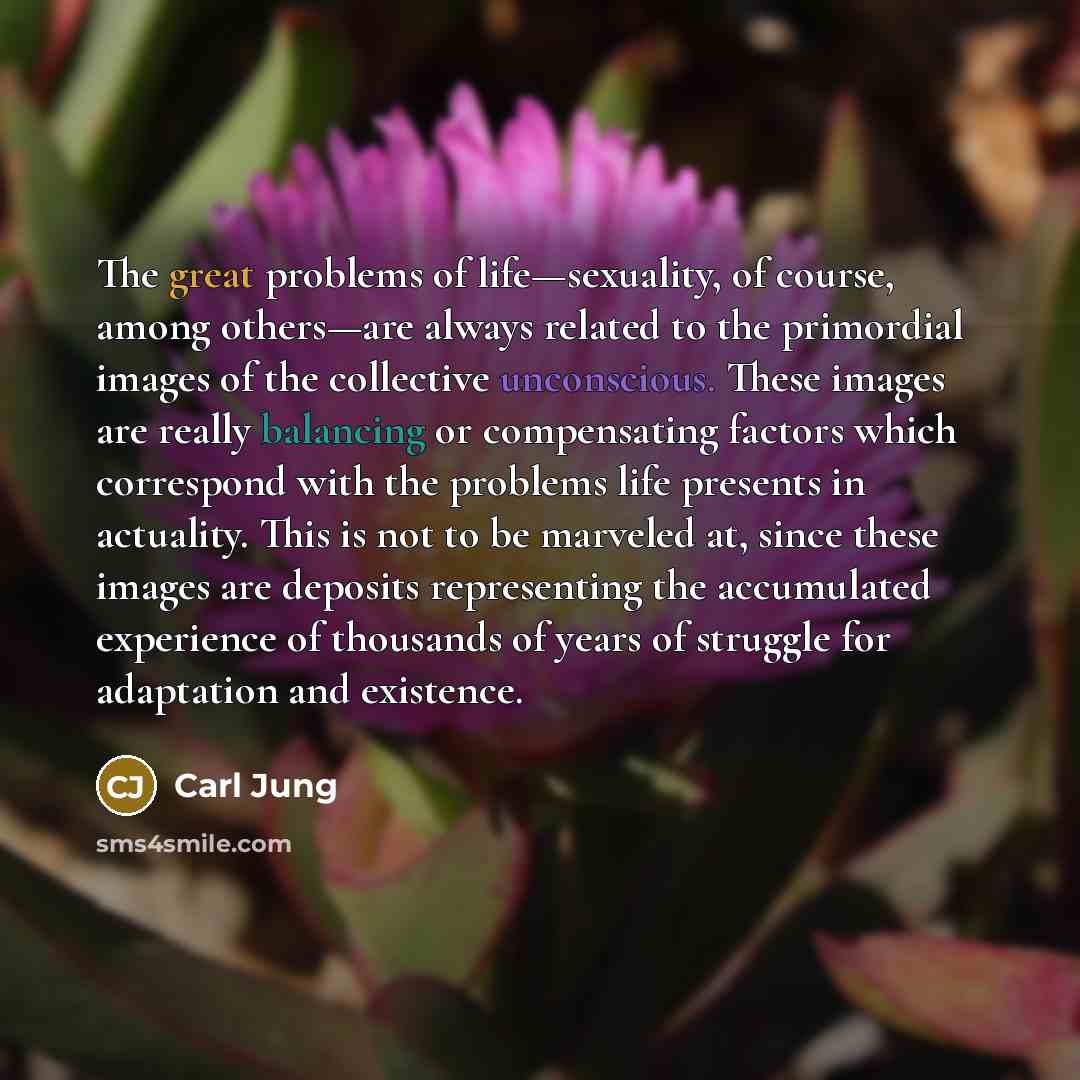 “The great problems of life—sexuality, of course, among others—are always related to the primordial images of the collective unconscious. These images are really balancing or compensating factors which correspond with the problems life presents in actuality. This is not to be marveled at, since…” quote by Carl Jung