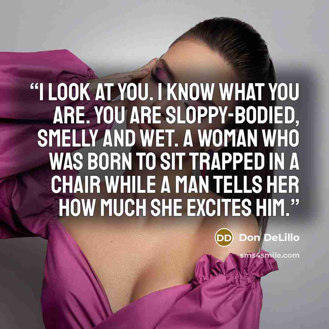 “I look at you. I know what you are. You are sloppy-bodied, smelly and wet. A woman who was born to sit trapped in a chair while a man tells her how much she excites him.” quote by Don DeLillo