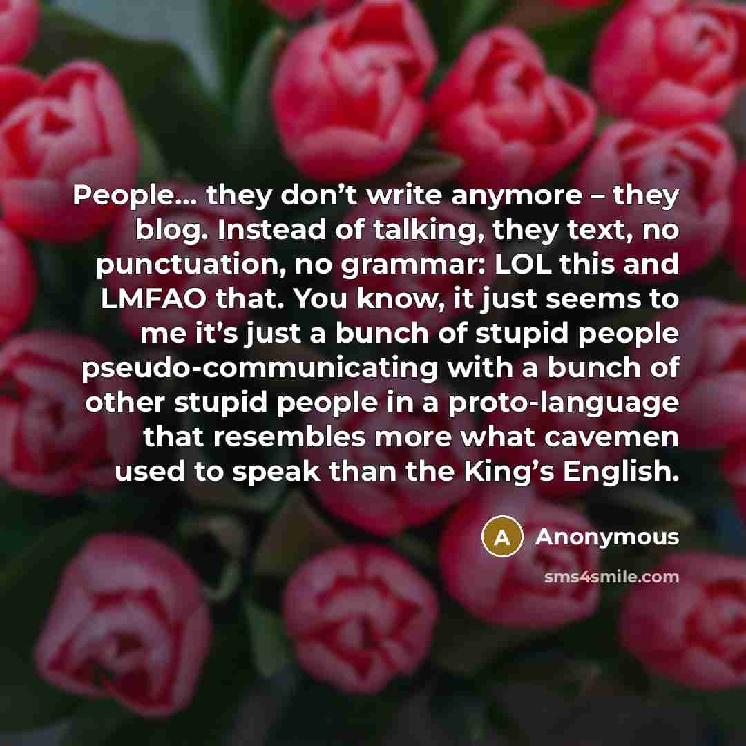 “People… they don’t write anymore – they blog. Instead of talking, they text, no punctuation, no grammar: LOL this and LMFAO that. You know, it just seems to me it’s just a bunch of stupid people pseudo-communicating with a bunch of other stupid people in a proto-language that resembles more what…” quote by Anonymous