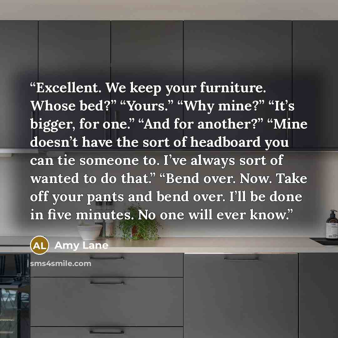 “Excellent. We keep your furniture. Whose bed?” “Yours.” “Why mine?” “It’s bigger, for one.” “And for another?” “Mine doesn’t have the sort of headboard you can tie someone to. I’ve always sort of wanted to do that.” “Bend over. Now. Take off your pants and bend over. I’ll be done in five minutes…” quote by Amy Lane