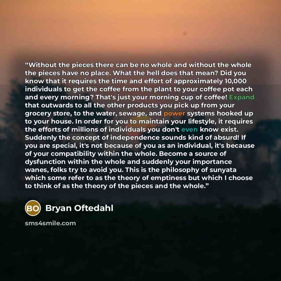 “Without the pieces there can be no whole and without the whole the pieces have no place. What the hell does that mean? Did you know that it requires the time and effort of approximately 10,000 individuals to get the coffee from the plant to your coffee pot each and every morning? That's just your…” quote by Bryan Oftedahl