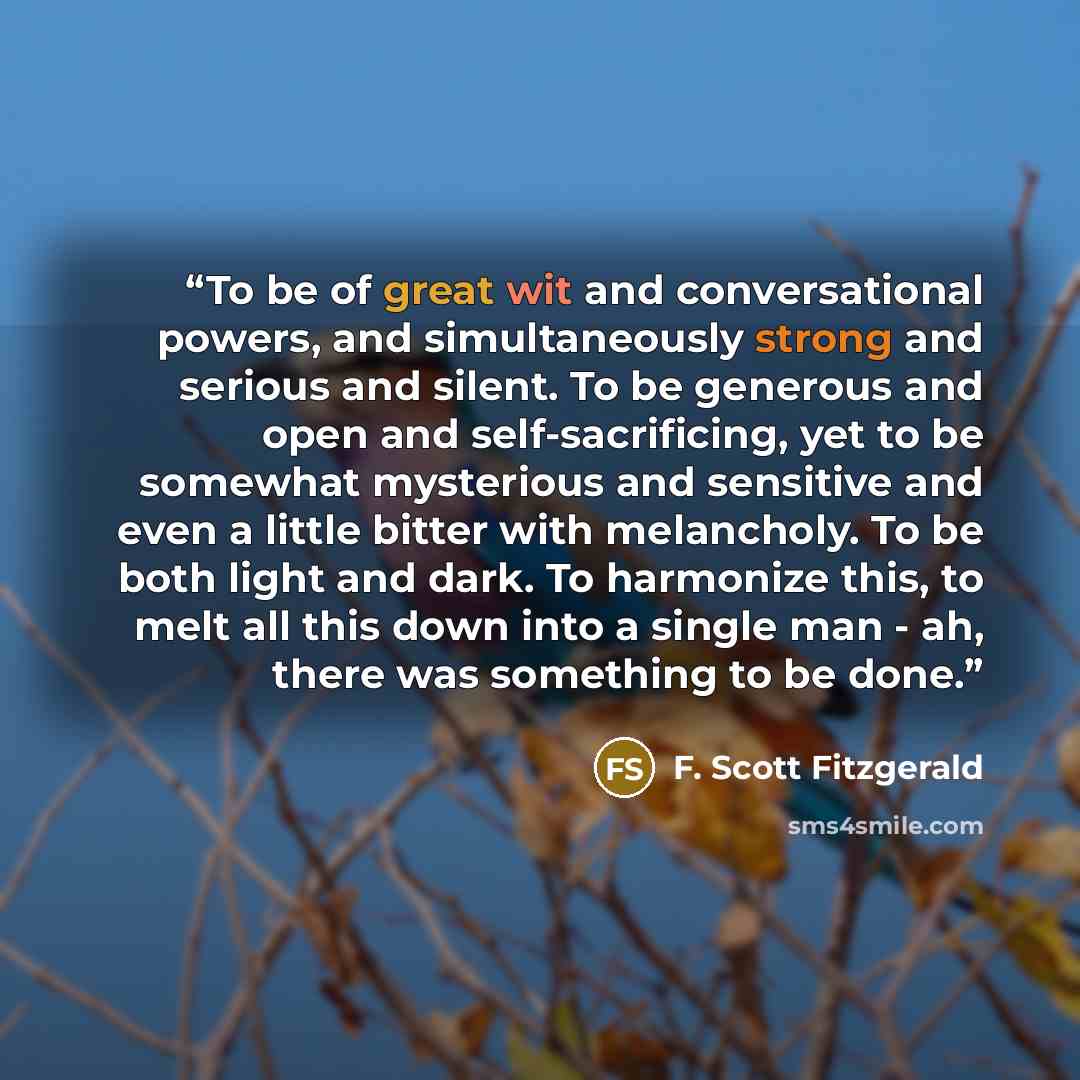 “To be of great wit and conversational powers, and simultaneously strong and serious and silent. To be generous and open and self-sacrificing, yet to be somewhat mysterious and sensitive and even a little bitter with melancholy. To be both light and dark. To harmonize this, to melt all this down…” quote by F. Scott Fitzgerald