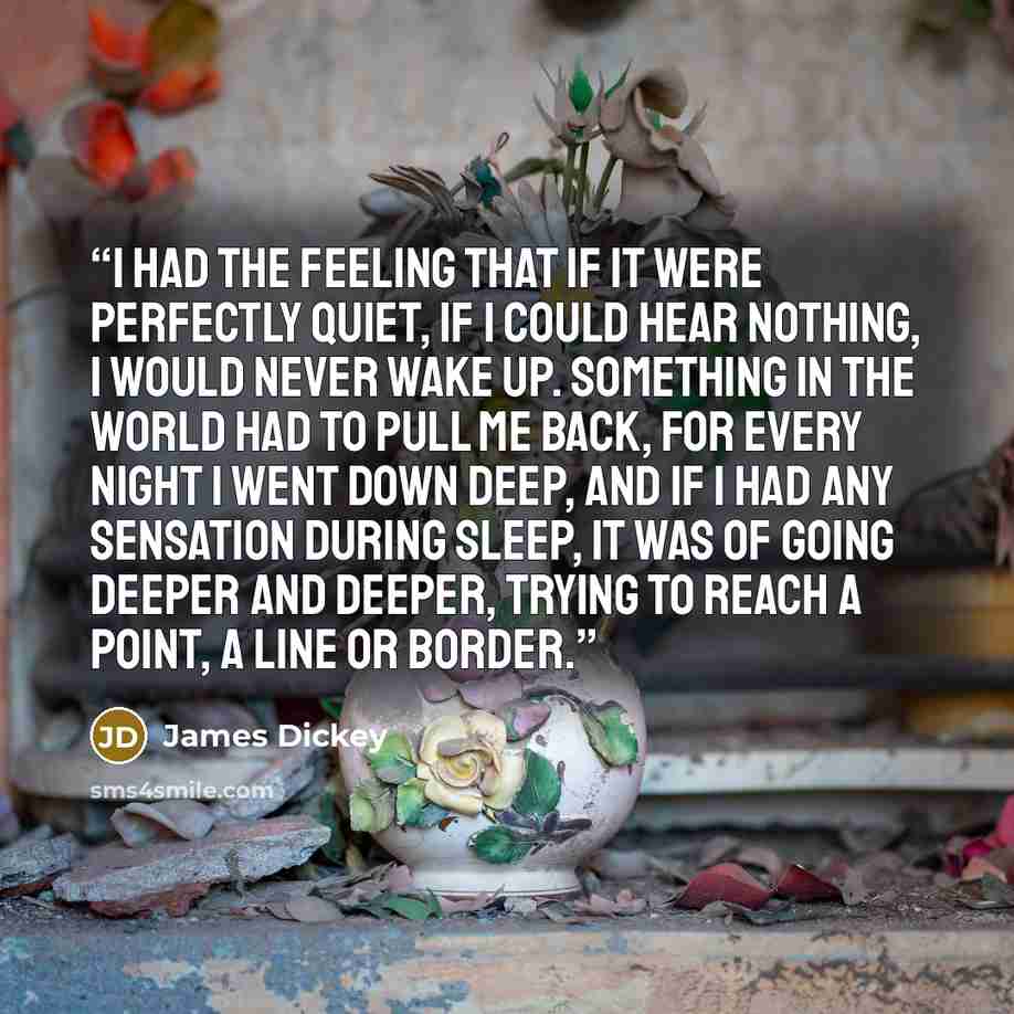 “I had the feeling that if it were perfectly quiet, if I could hear nothing, I would never wake up. Something in the world had to pull me back, for every night I went down deep, and if I had any sensation during sleep, it was of going deeper and deeper, trying to reach a point, a line or border.” quote by James Dickey