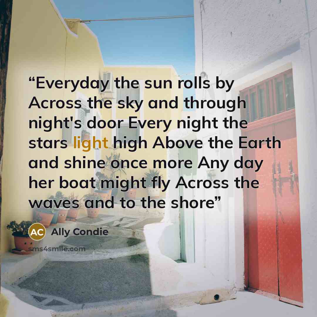 “Everyday the sun rolls by Across the sky and through night's door Every night the stars light high Above the Earth and shine once more Any day her boat might fly Across the waves and to the shore” quote by Ally Condie