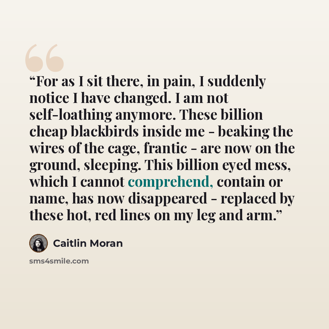 “For as I sit there, in pain, I suddenly notice I have changed. I am not self-loathing anymore. These billion cheap blackbirds inside me - beaking the wires of the cage, frantic - are now on the ground, sleeping. This billion eyed mess, which I cannot comprehend, contain or name, has now…” quote by Caitlin Moran