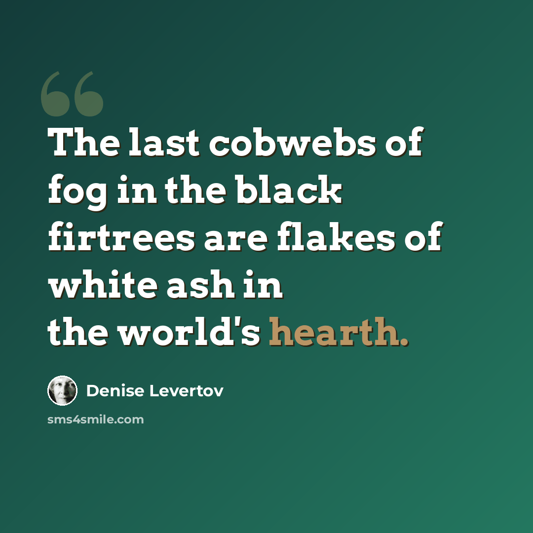 “The last cobwebs of fog in the black firtrees are flakes of white ash in the world's hearth.” quote by Denise Levertov