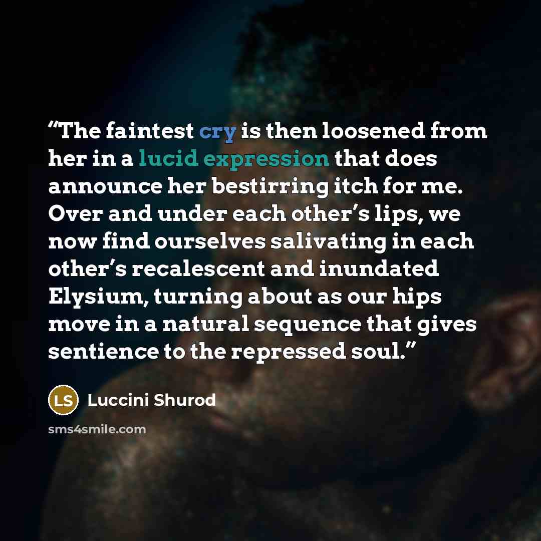 “The faintest cry is then loosened from her in a lucid expression that does announce her bestirring itch for me. Over and under each other’s lips, we now find ourselves salivating in each other’s recalescent and inundated Elysium, turning about as our hips move in a natural sequence that gives…” quote by Luccini Shurod