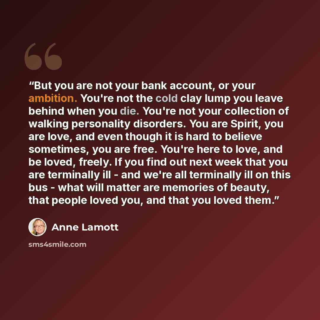 “But you are not your bank account, or your ambition. You're not the cold clay lump you leave behind when you die. You're not your collection of walking personality disorders. You are Spirit, you are love, and even though it is hard to believe sometimes, you are free. You're here to love, and be…” quote by Anne Lamott