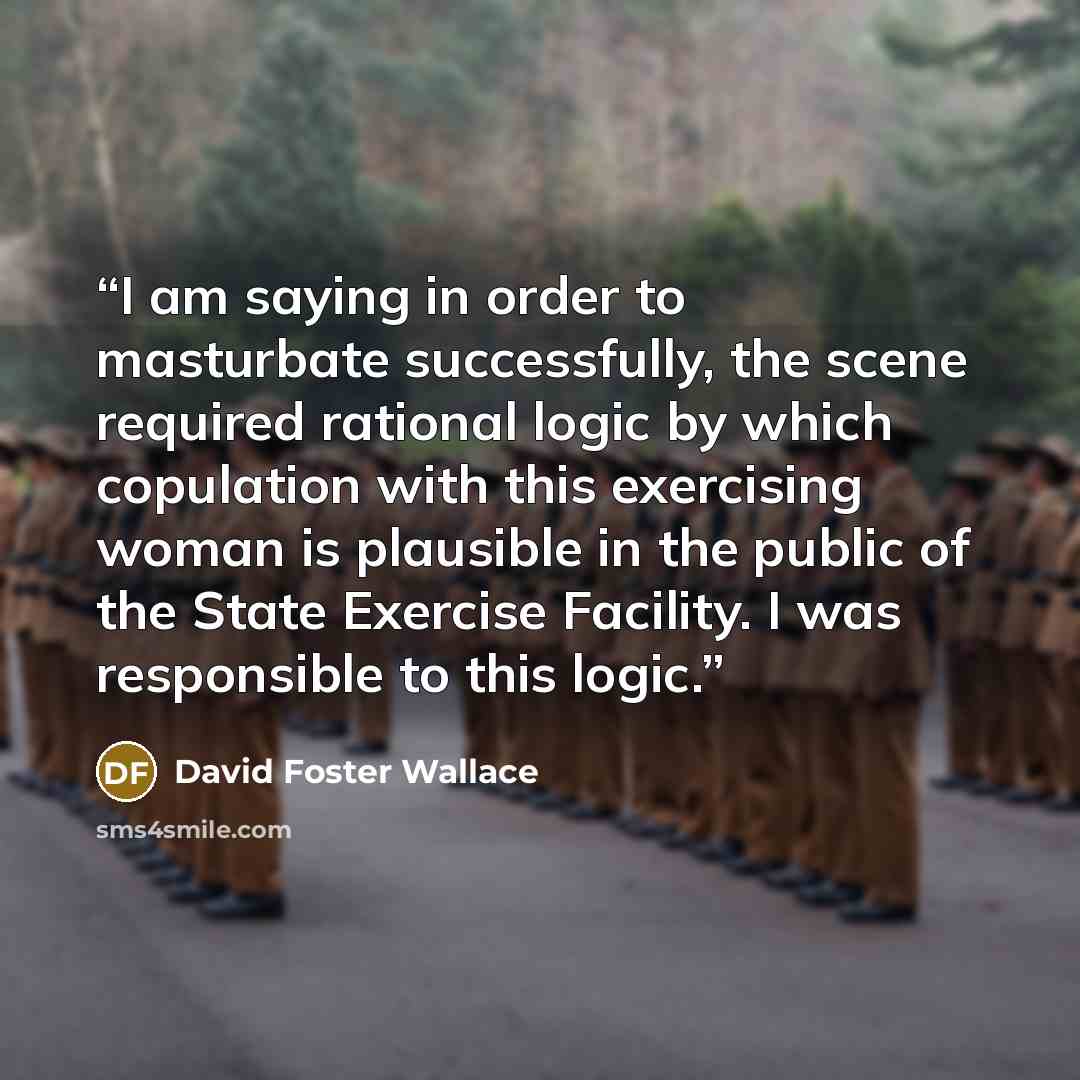 “I am saying in order to masturbate successfully, the scene required rational logic by which copulation with this exercising woman is plausible in the public of the State Exercise Facility. I was responsible to this logic.” quote by David Foster Wallace