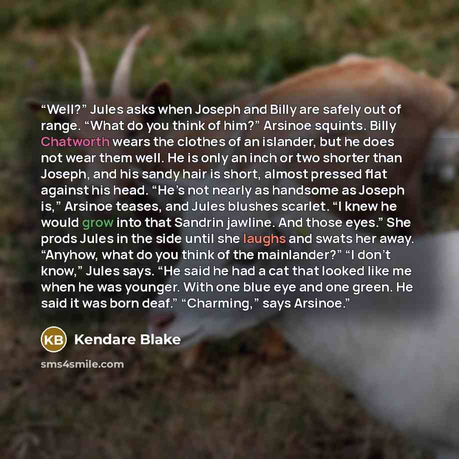 “Well?” Jules asks when Joseph and Billy are safely out of range. “What do you think of him?” Arsinoe squints. Billy Chatworth wears the clothes of an islander, but he does not wear them well. He is only an inch or two shorter than Joseph, and his sandy hair is short, almost pressed flat against…” quote by Kendare Blake