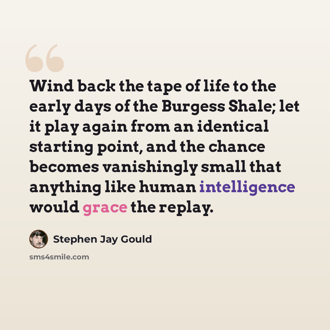 “Wind back the tape of life to the early days of the Burgess Shale; let it play again from an identical starting point, and the chance becomes vanishingly small that anything like human intelligence would grace the replay.” quote by Stephen Jay Gould