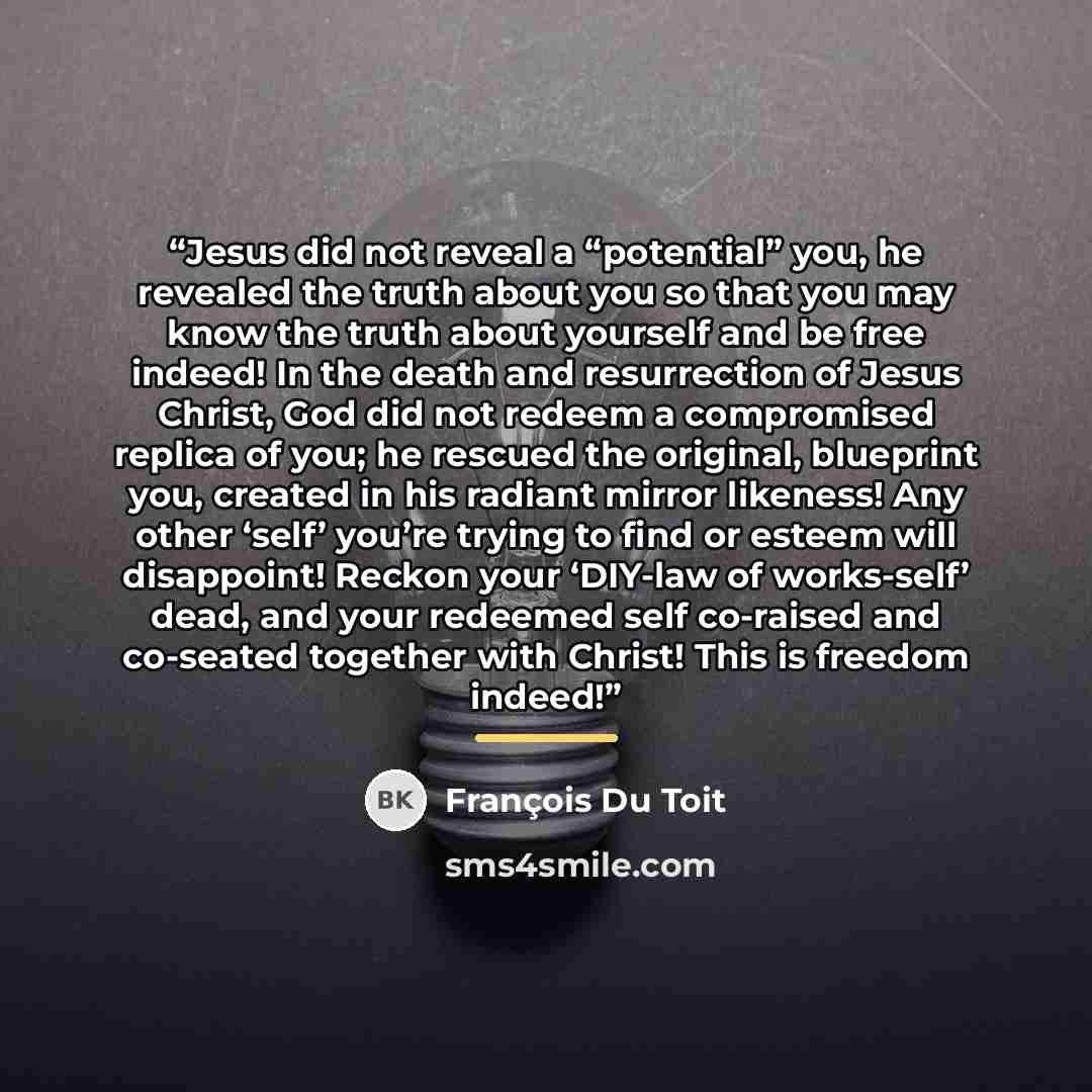 “Jesus did not reveal a “potential” you, he revealed the truth about you so that you may know the truth about yourself and be free indeed! In the death and resurrection of Jesus Christ, God did not redeem a compromised replica of you; he rescued the original, blueprint you, created in his radiant…” quote by François Du Toit