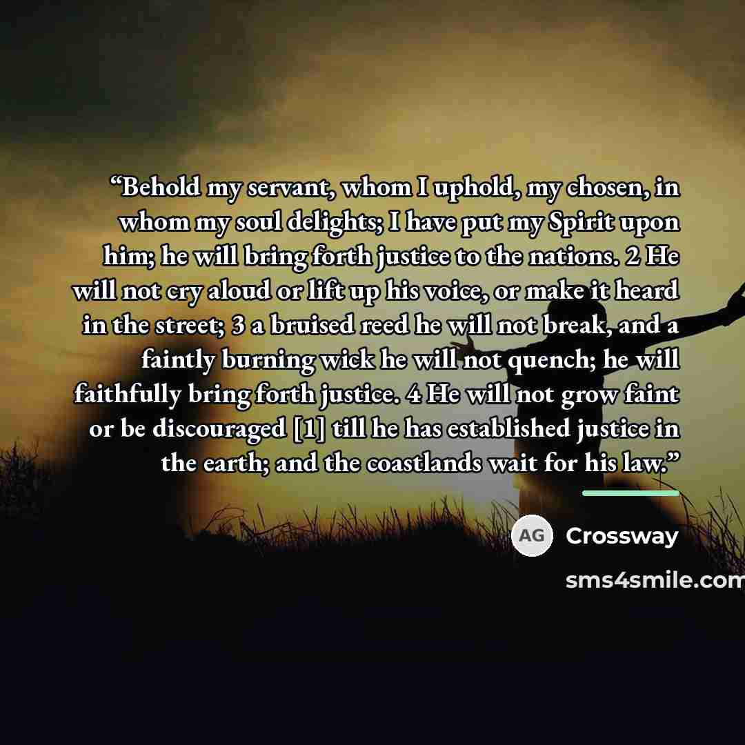 “Behold my servant, whom I uphold, my chosen, in whom my soul delights; I have put my Spirit upon him; he will bring forth justice to the nations. 2 He will not cry aloud or lift up his voice, or make it heard in the street; 3 a bruised reed he will not break, and a faintly burning wick he will not…” quote by Crossway
