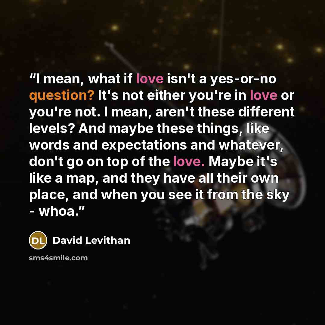 “I mean, what if love isn't a yes-or-no question? It's not either you're in love or you're not. I mean, aren't these different levels? And maybe these things, like words and expectations and whatever, don't go on top of the love. Maybe it's like a map, and they have all their own place, and when…” quote by David Levithan