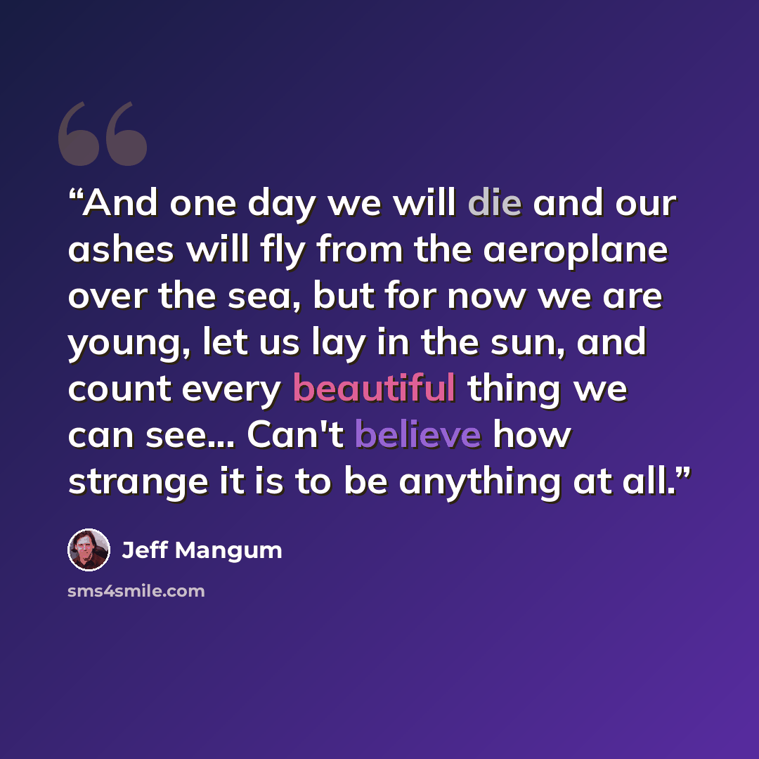 “And one day we will die and our ashes will fly from the aeroplane over the sea, but for now we are young, let us lay in the sun, and count every beautiful thing we can see... Can't believe how strange it is to be anything at all.” quote by Jeff Mangum