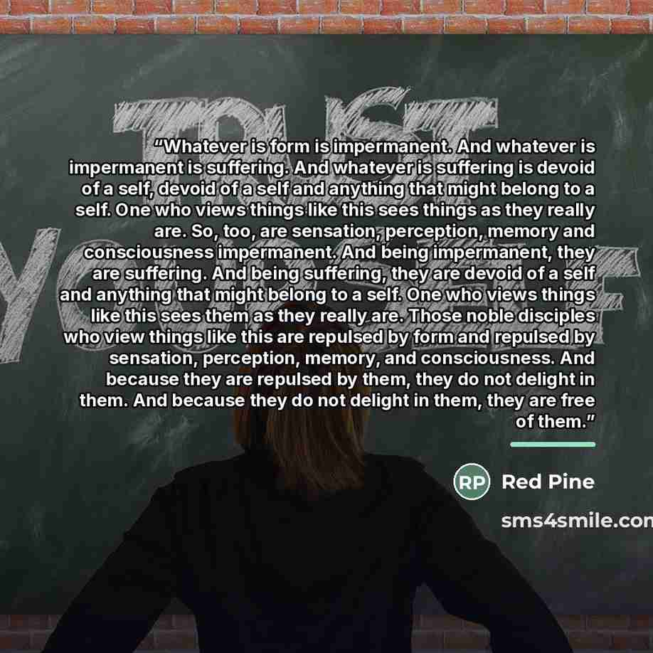 “Whatever is form is impermanent. And whatever is impermanent is suffering. And whatever is suffering is devoid of a self, devoid of a self and anything that might belong to a self. One who views things like this sees things as they really are. So, too, are sensation, perception, memory and…” quote by Red Pine