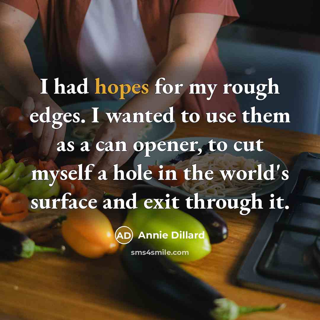 “I had hopes for my rough edges. I wanted to use them as a can opener, to cut myself a hole in the world's surface and exit through it.” quote by Annie Dillard