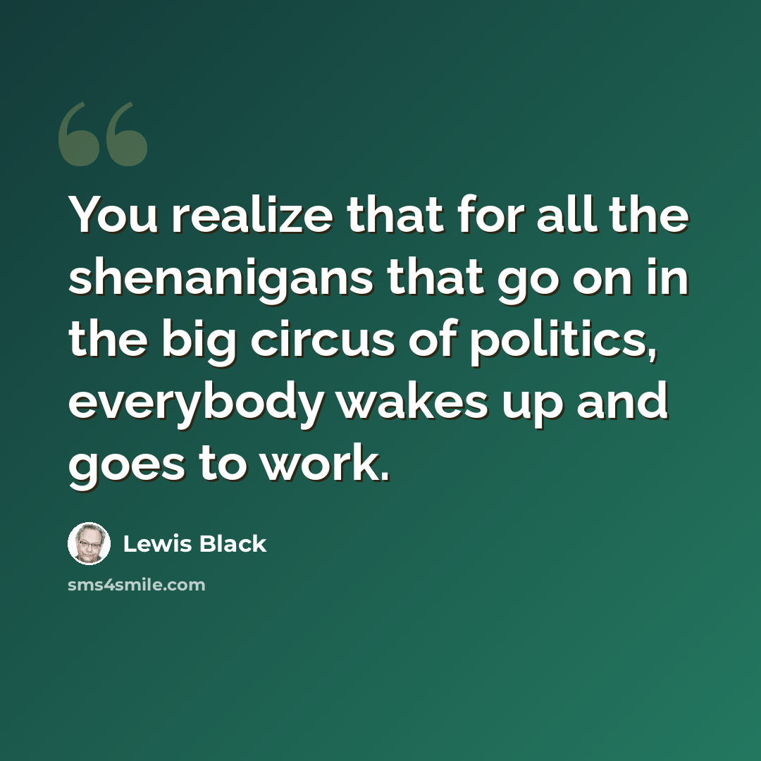 “You realize that for all the shenanigans that go on in the big circus of politics, everybody wakes up and goes to work.” quote by Lewis Black