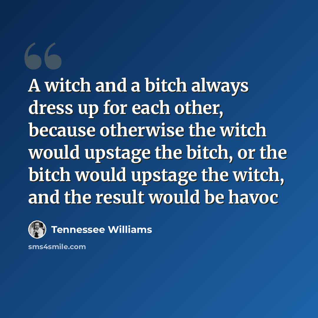 “A witch and a bitch always dress up for each other, because otherwise the witch would upstage the bitch, or the bitch would upstage the witch, and the result would be havoc” quote by Tennessee Williams