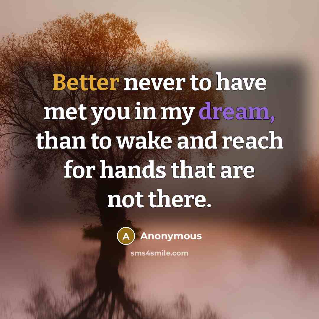 “Better never to have met you in my dream, than to wake and reach for hands that are not there.” quote by Anonymous