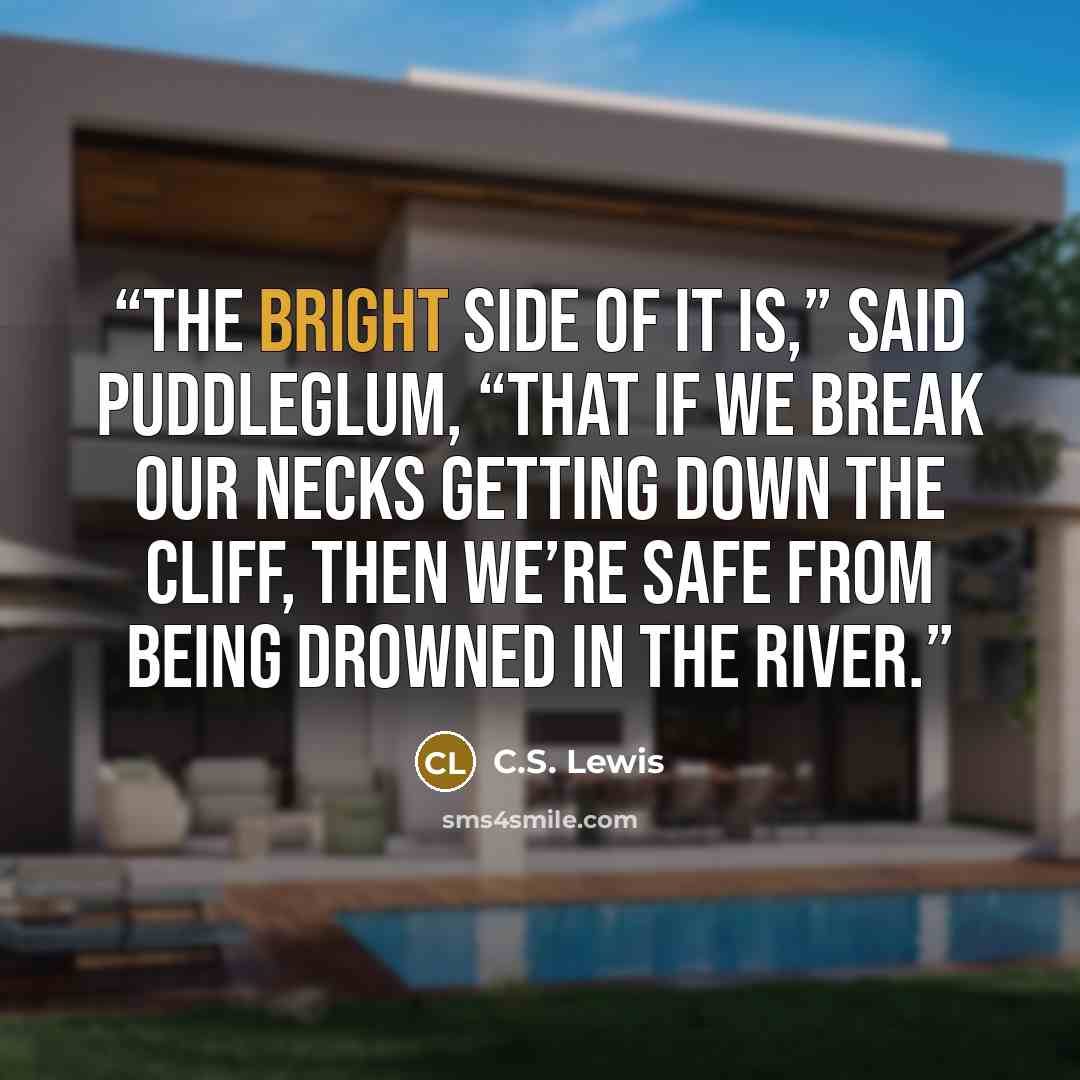 “The bright side of it is,” said Puddleglum, “that if we break our necks getting down the cliff, then we’re safe from being drowned in the river.” quote by C.S. Lewis