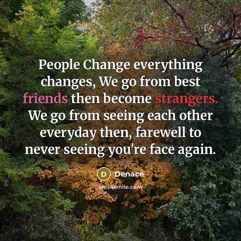 “People Change everything changes, We go from best friends then become strangers. We go from seeing each other everyday then, farewell to never seeing you're face again.” quote by Denace
