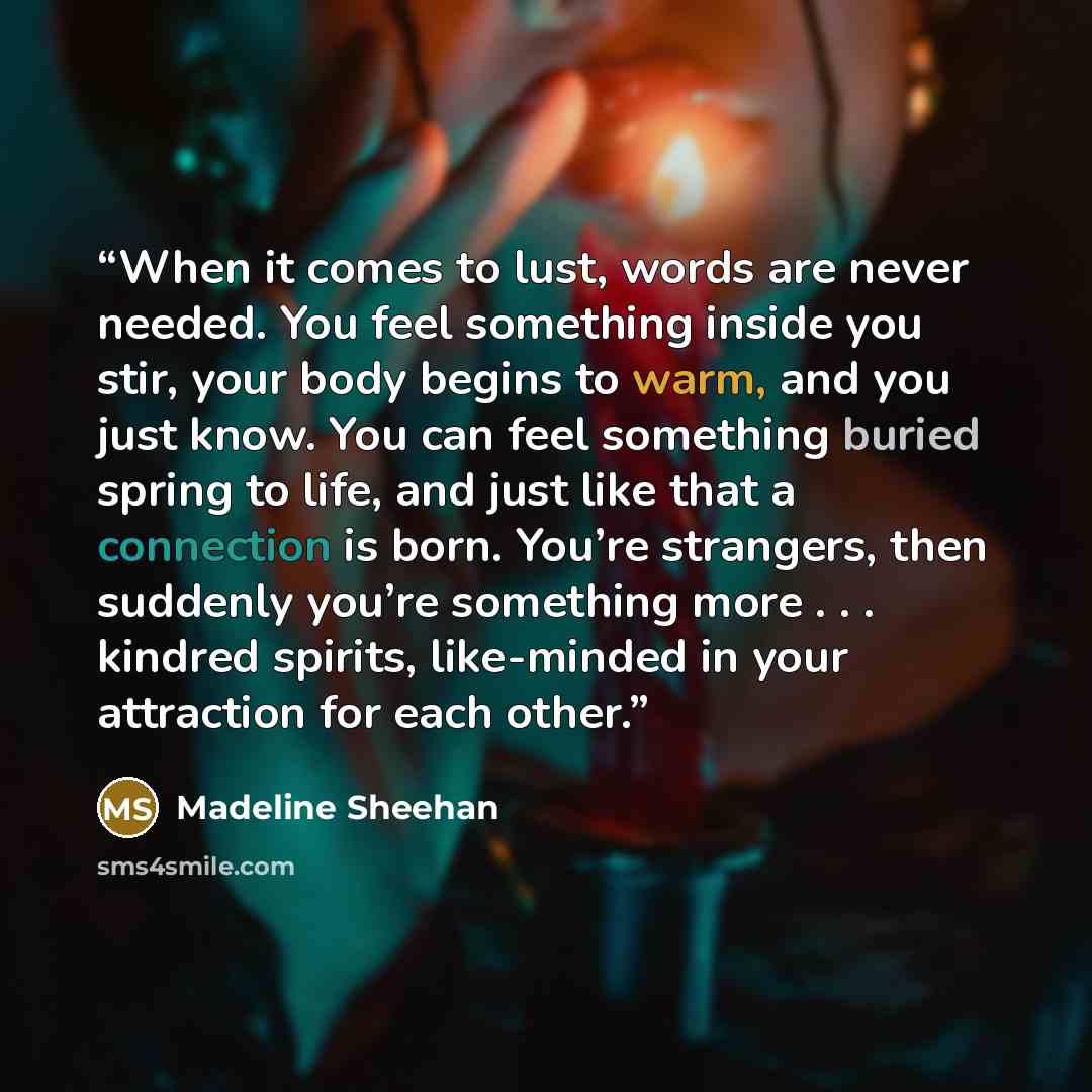 “When it comes to lust, words are never needed. You feel something inside you stir, your body begins to warm, and you just know. You can feel something buried spring to life, and just like that a connection is born. You’re strangers, then suddenly you’re something more . . . kindred spirits…” quote by Madeline Sheehan