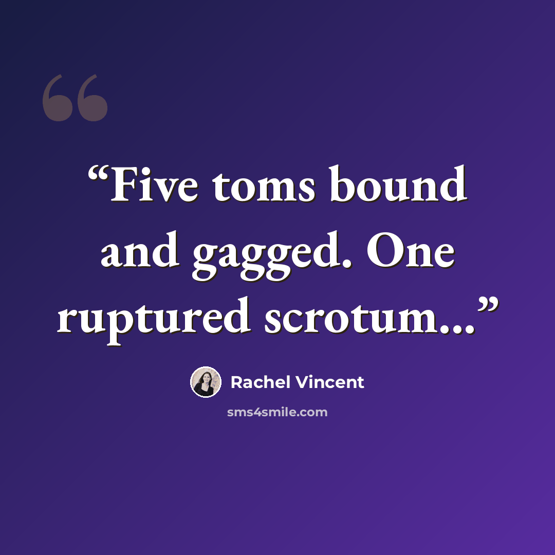 “Five toms bound and gagged. One ruptured scrotum...” quote by Rachel Vincent