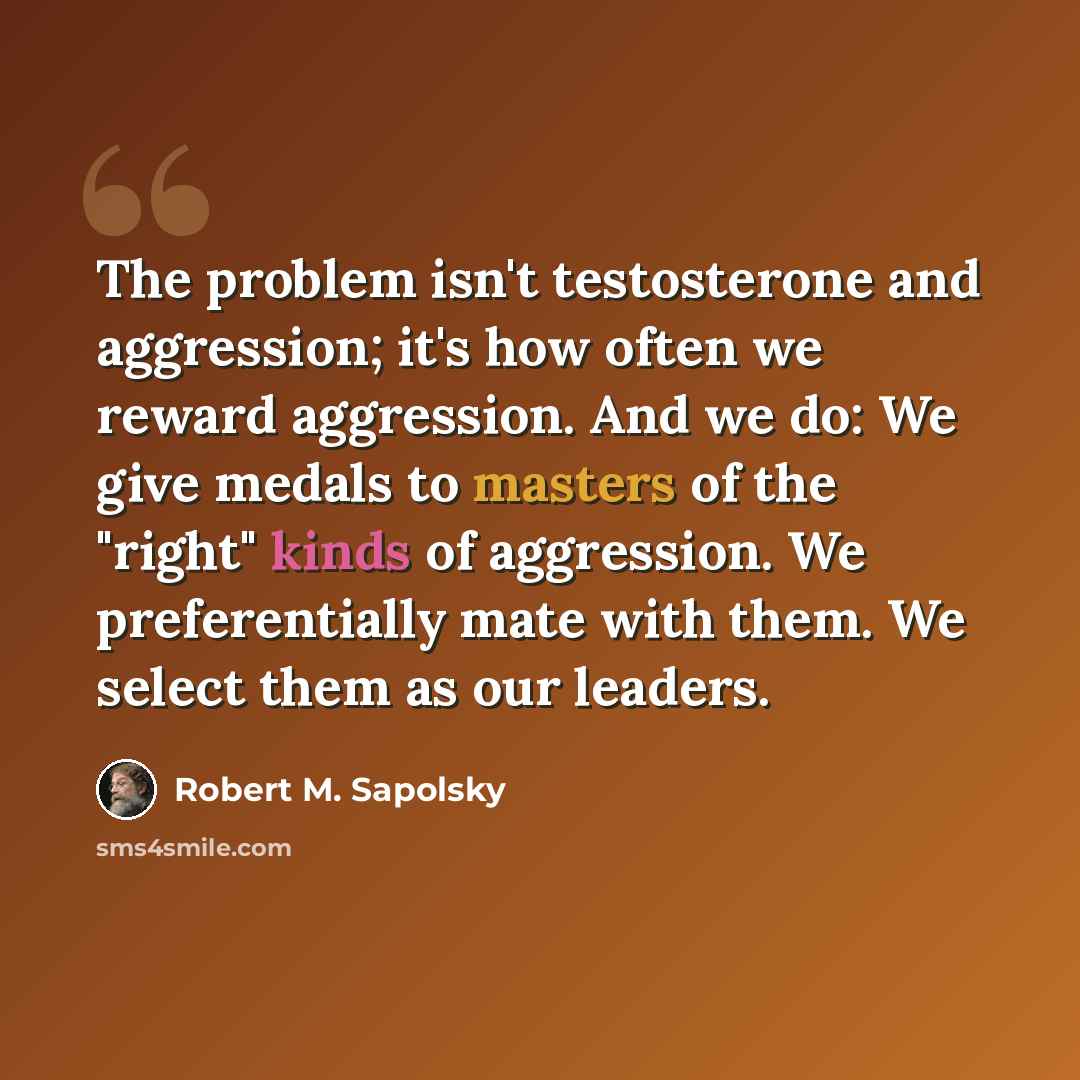 “The problem isn't testosterone and aggression; it's how often we reward aggression. And we do: We give medals to masters of the "right" kinds of aggression. We preferentially mate with them. We select them as our leaders.” quote by Robert M. Sapolsky