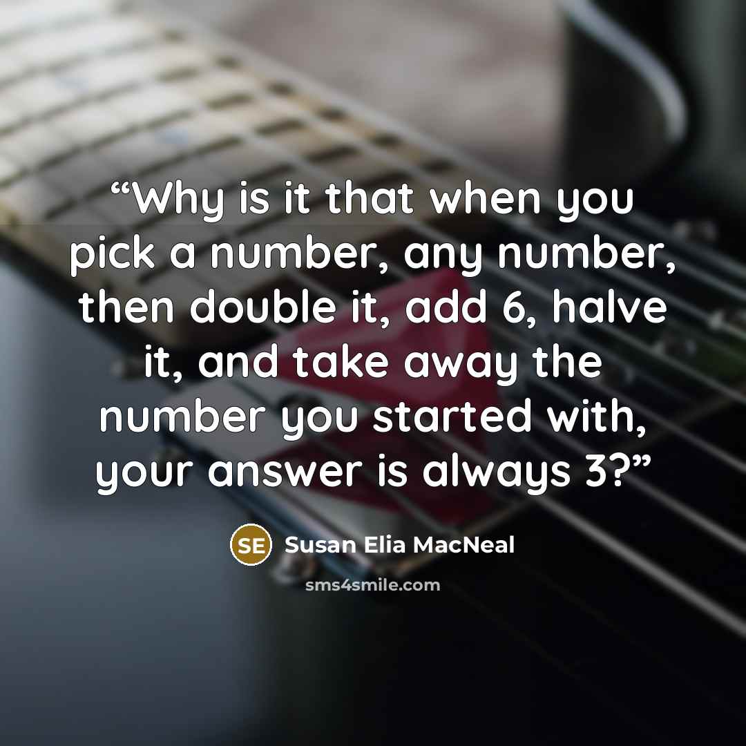 “Why is it that when you pick a number, any number, then double it, add 6, halve it, and take away the number you started with, your answer is always 3?” quote by Susan Elia MacNeal