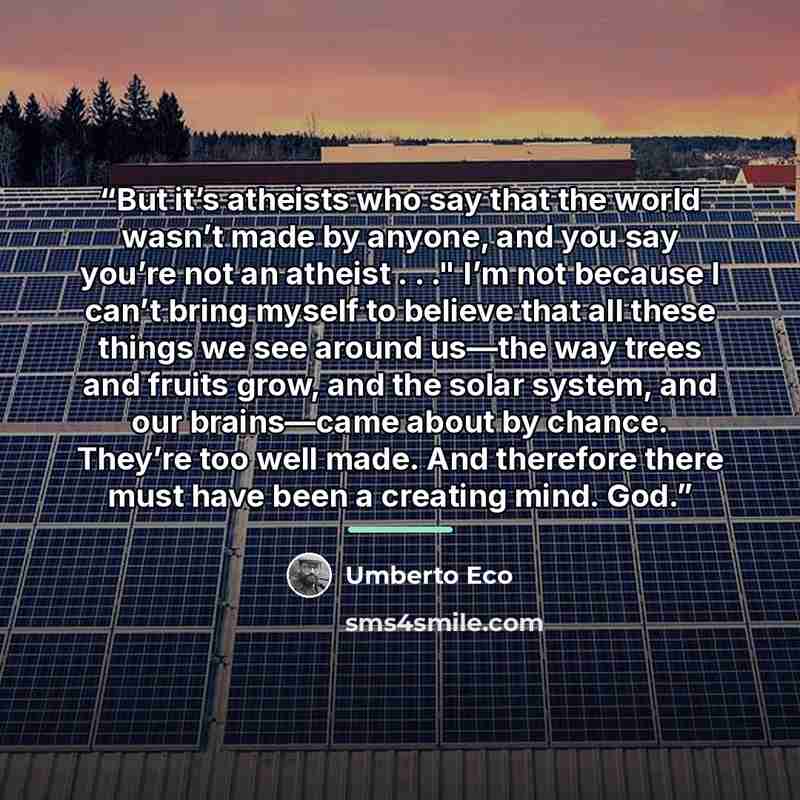 “But it’s atheists who say that the world wasn’t made by anyone, and you say you’re not an atheist . . ." I’m not because I can’t bring myself to believe that all these things we see around us—the way trees and fruits grow, and the solar system, and our brains—came about by chance. They’re too well…” quote by Umberto Eco
