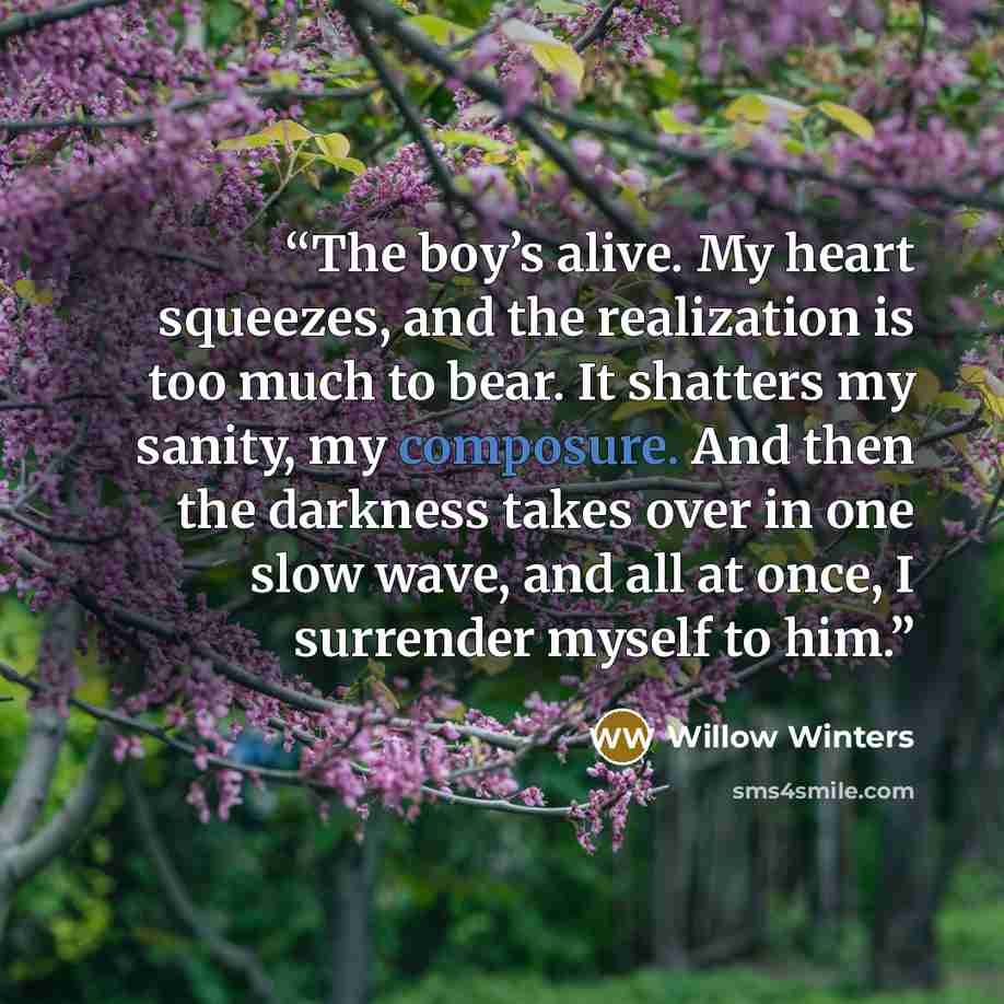 “The boy’s alive. My heart squeezes, and the realization is too much to bear. It shatters my sanity, my composure. And then the darkness takes over in one slow wave, and all at once, I surrender myself to him.” quote by Willow Winters