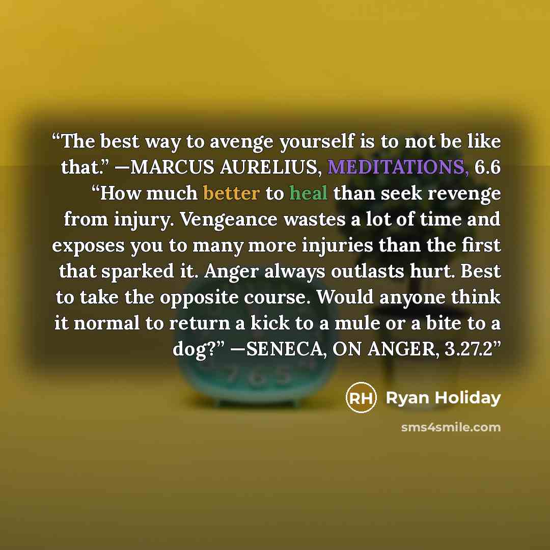 “The best way to avenge yourself is to not be like that.” —MARCUS AURELIUS, MEDITATIONS, 6.6 “How much better to heal than seek revenge from injury. Vengeance wastes a lot of time and exposes you to many more injuries than the first that sparked it. Anger always outlasts hurt. Best to take the…” quote by Ryan Holiday