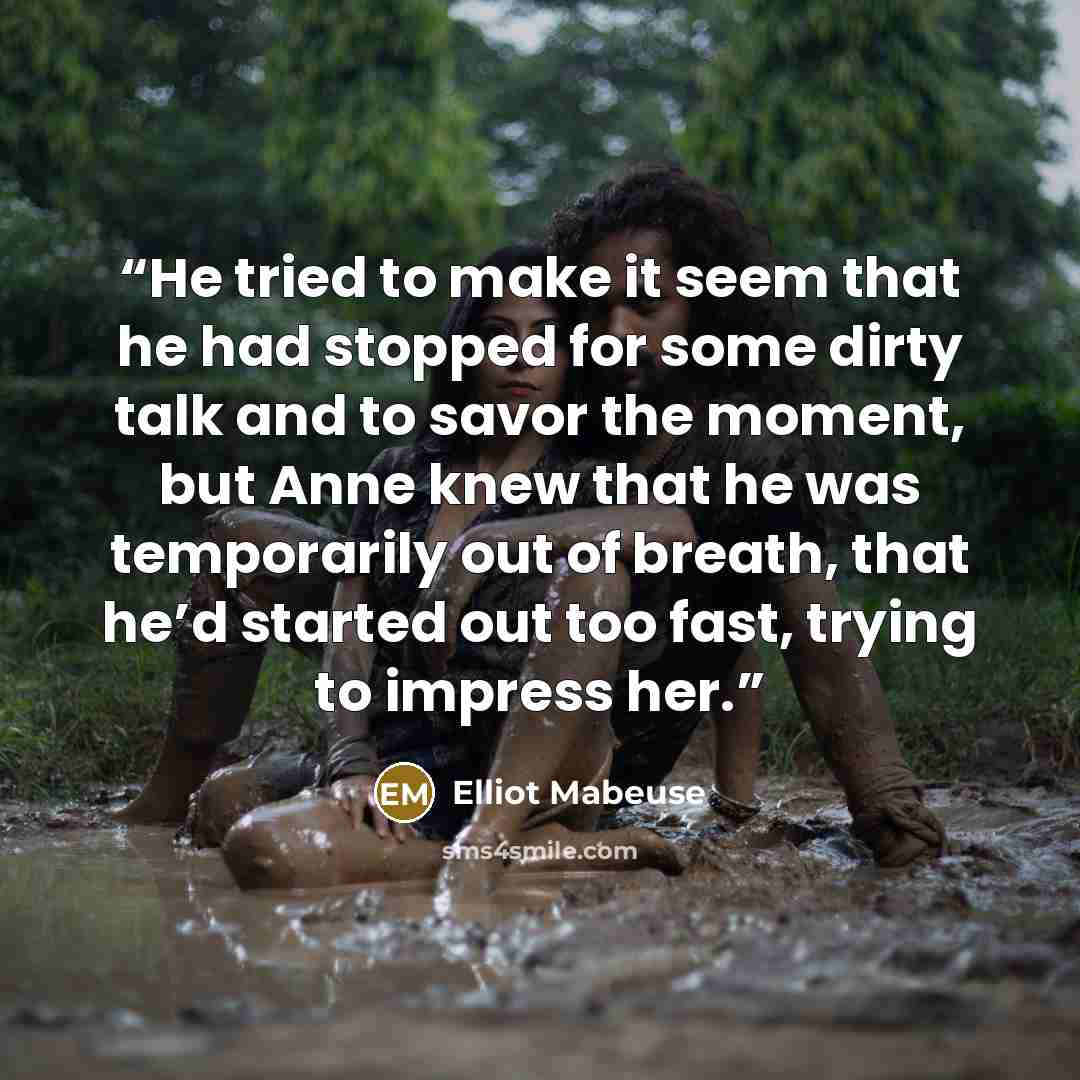 “He tried to make it seem that he had stopped for some dirty talk and to savor the moment, but Anne knew that he was temporarily out of breath, that he’d started out too fast, trying to impress her.” quote by Elliot Mabeuse