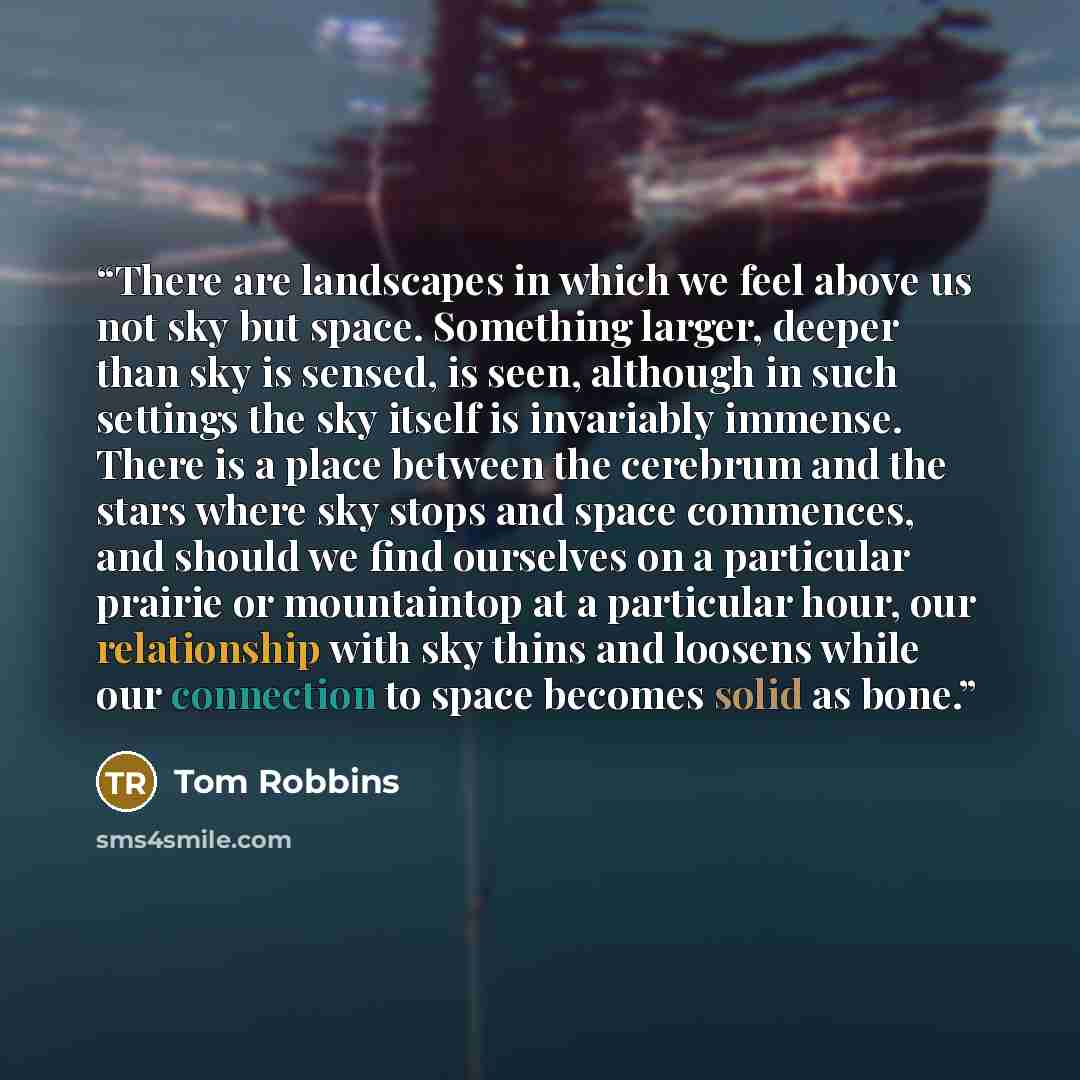 “There are landscapes in which we feel above us not sky but space. Something larger, deeper than sky is sensed, is seen, although in such settings the sky itself is invariably immense. There is a place between the cerebrum and the stars where sky stops and space commences, and should we find…” quote by Tom Robbins