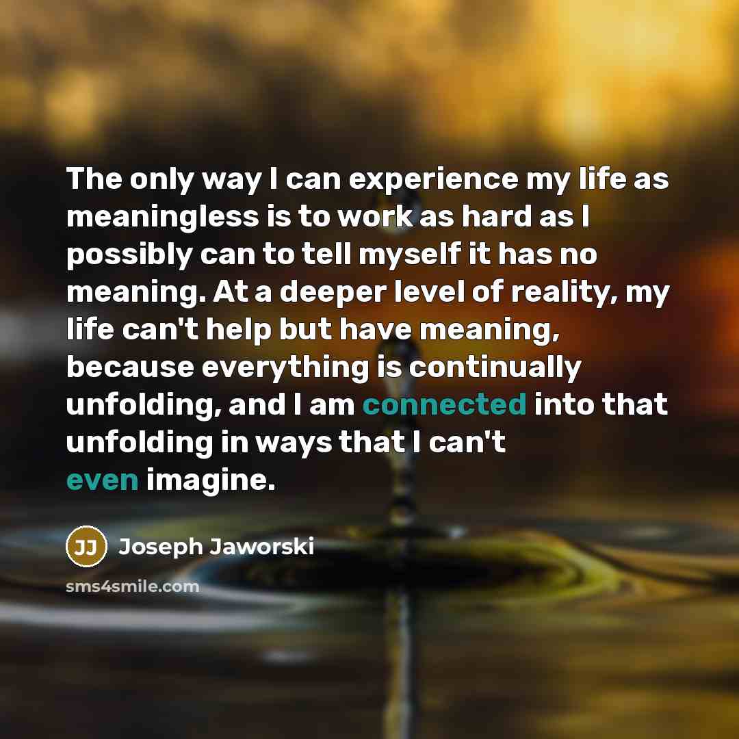“The only way I can experience my life as meaningless is to work as hard as I possibly can to tell myself it has no meaning. At a deeper level of reality, my life can't help but have meaning, because everything is continually unfolding, and I am connected into that unfolding in ways that I can't…” quote by Joseph Jaworski