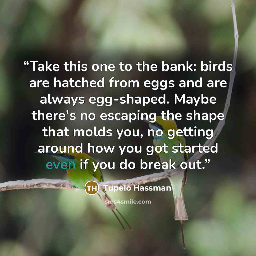 “Take this one to the bank: birds are hatched from eggs and are always egg-shaped. Maybe there's no escaping the shape that molds you, no getting around how you got started even if you do break out.” quote by Tupelo Hassman