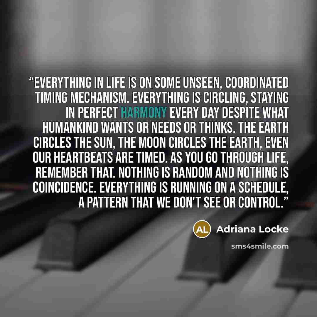 “Everything in life is on some unseen, coordinated timing mechanism. Everything is circling, staying in perfect harmony every day despite what humankind wants or needs or thinks. The Earth circles the Sun, the Moon circles the Earth, even our heartbeats are timed. As you go through life, remember…” quote by Adriana Locke