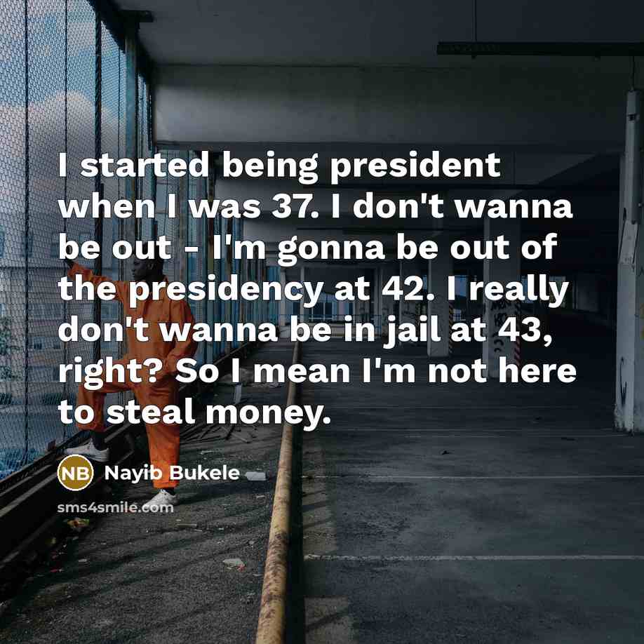 “I started being president when I was 37. I don't wanna be out - I'm gonna be out of the presidency at 42. I really don't wanna be in jail at 43, right? So I mean I'm not here to steal money.” quote by Nayib Bukele